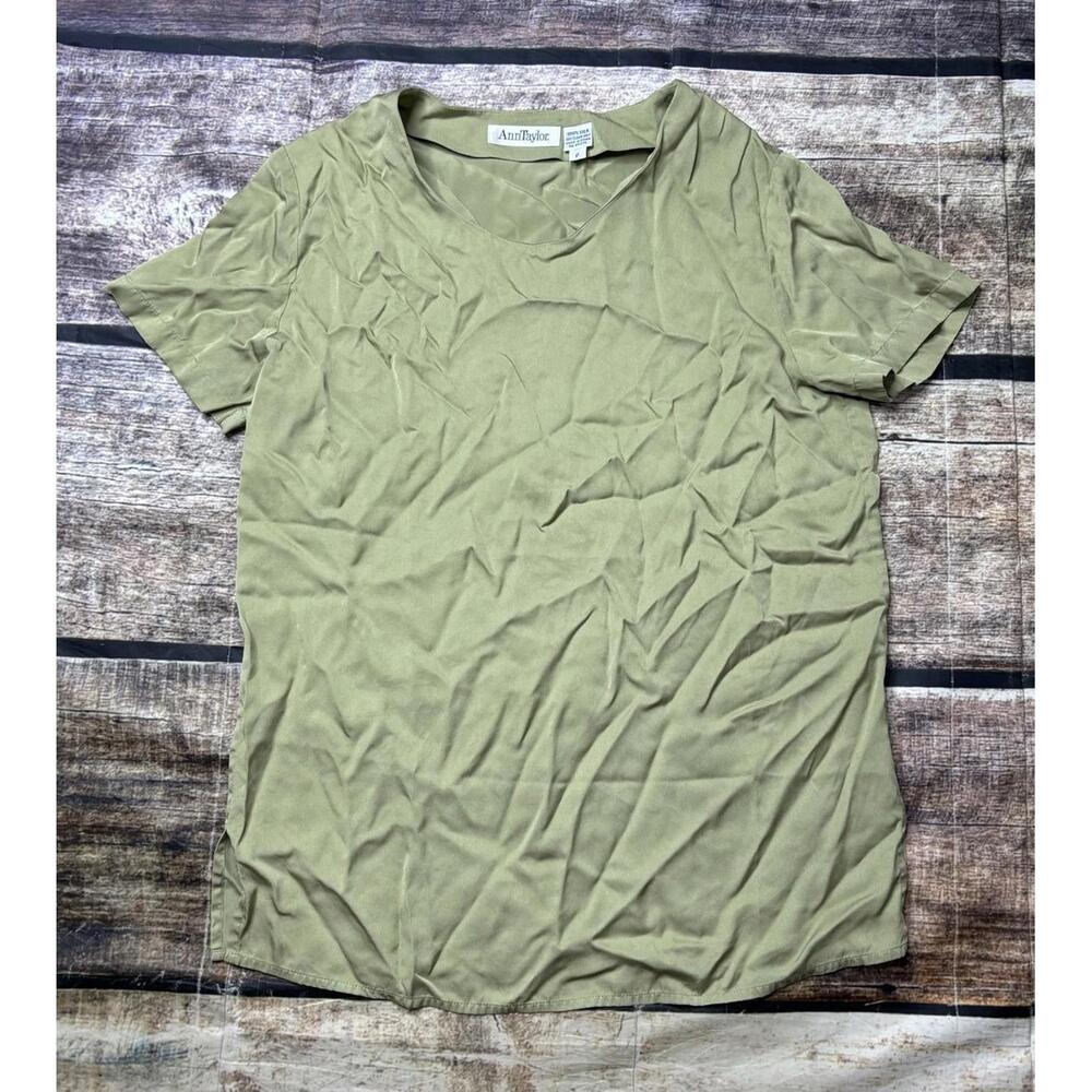 90s Ann Taylor Silk Top Women's Size Petite Green Short Sleeve VTG